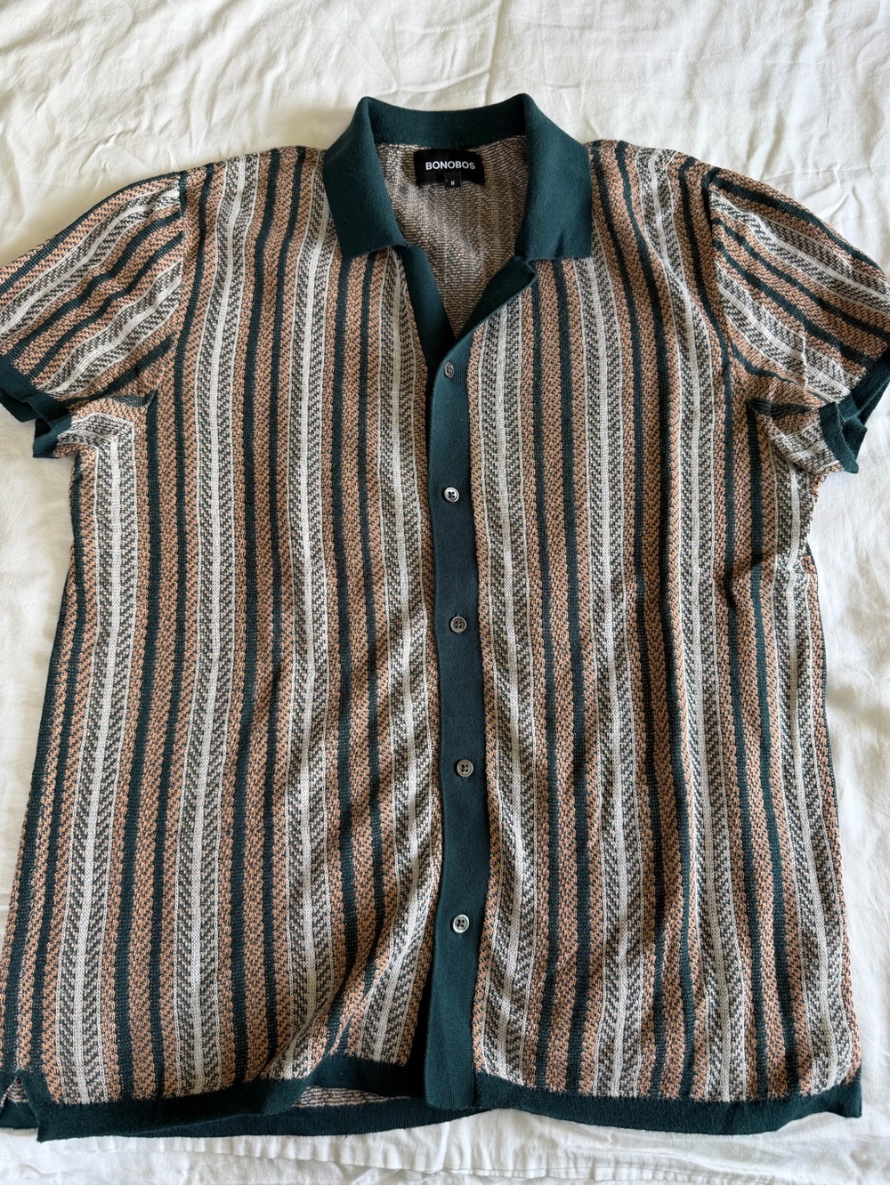 Bonobos Short-Sleeve Button-Down Shirt in Dark Green, Brown, Cream Stripes
